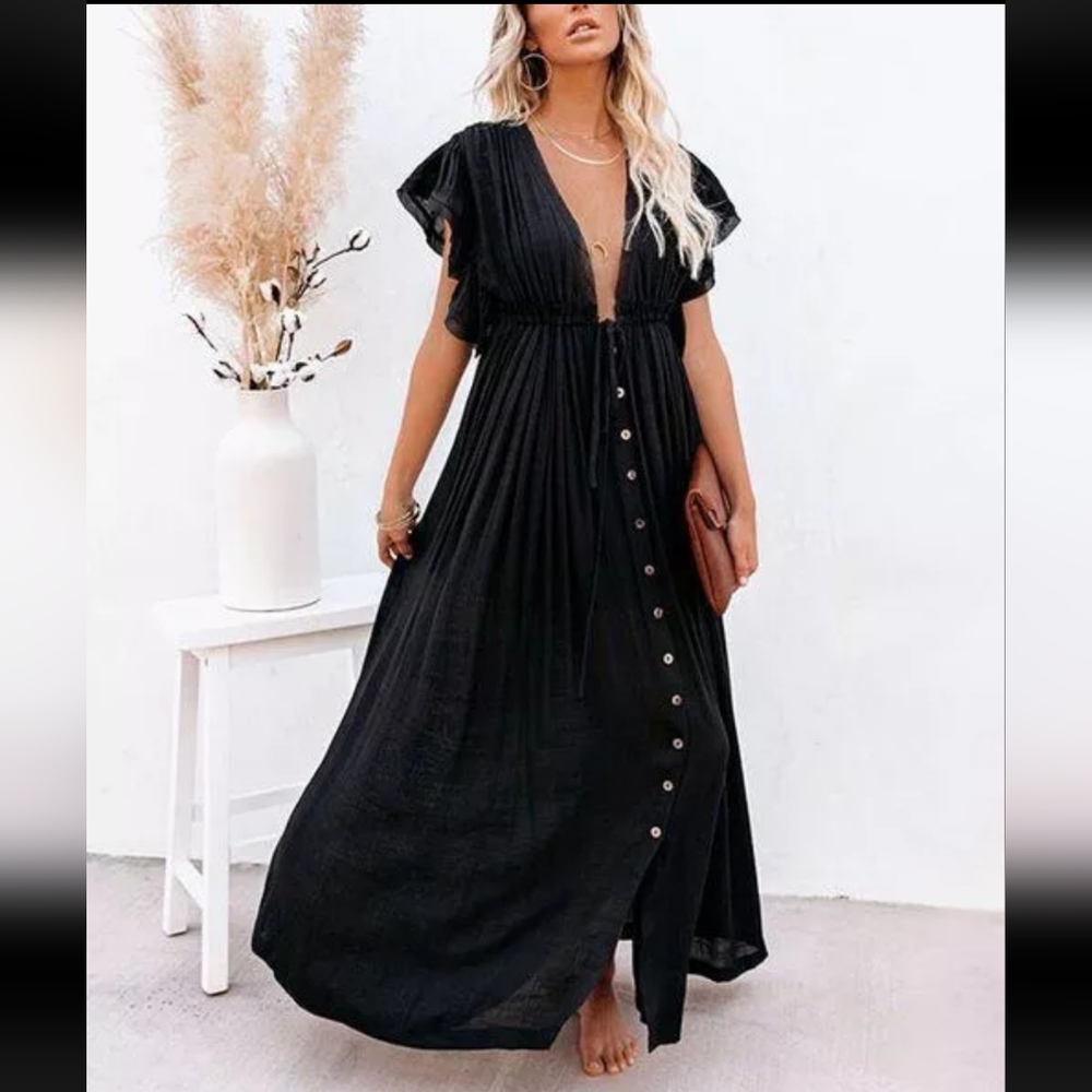 Charlie Charlotte Black Button-Down Double V-Neck Maxi Dress Black L New